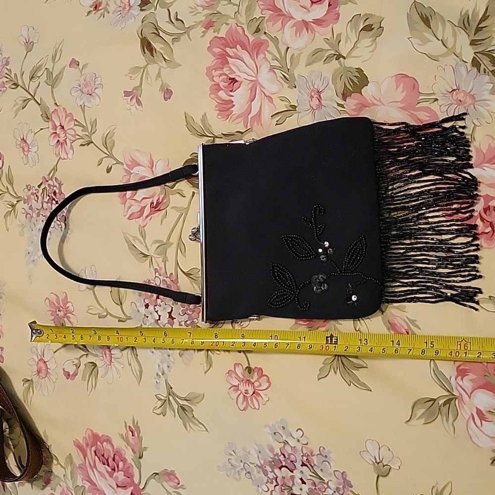 Black evening satchel clutch wristlet with beaded fringe Prom Wedding Formal